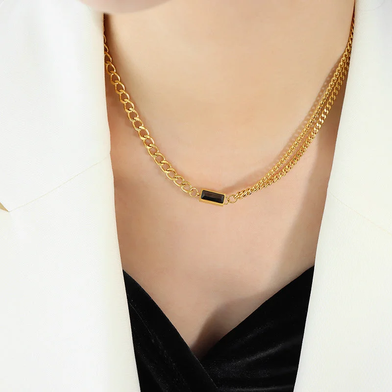 P765-Gold Black Zircon Necklace-40+5cm