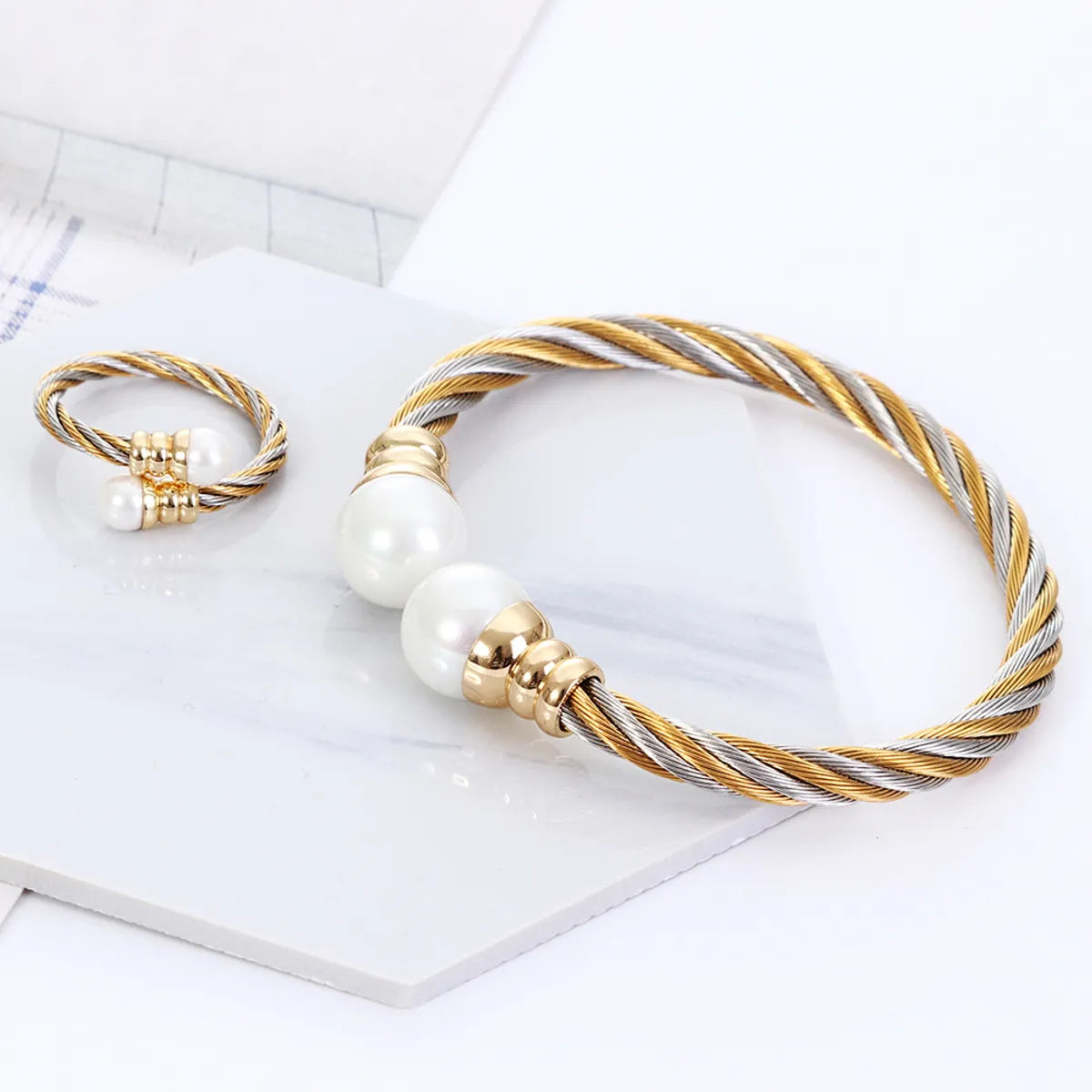 women's bracelets with soft leather strap -Wholesale Fashion Twist Stainless Steel Braid Artificial Pearls Rings Bracelets