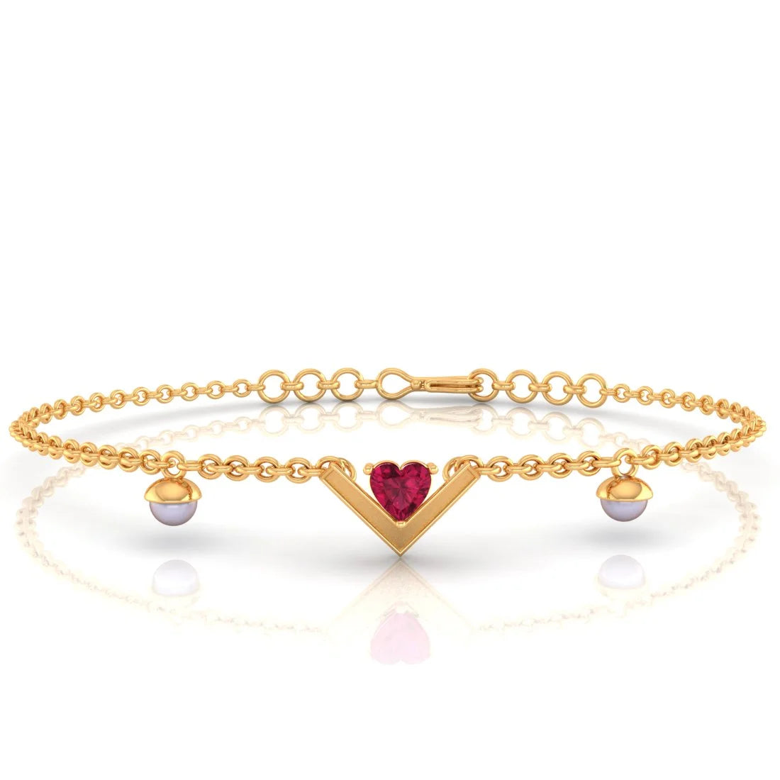 women's bracelets with pave diamonds -22K (916) Gold Bracelet With Heart Motif Set On A V Shape And Embedded Pearls