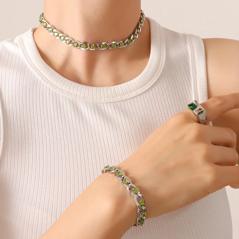 E318-Steel Light Green Zircon Bracelet-16+5cm