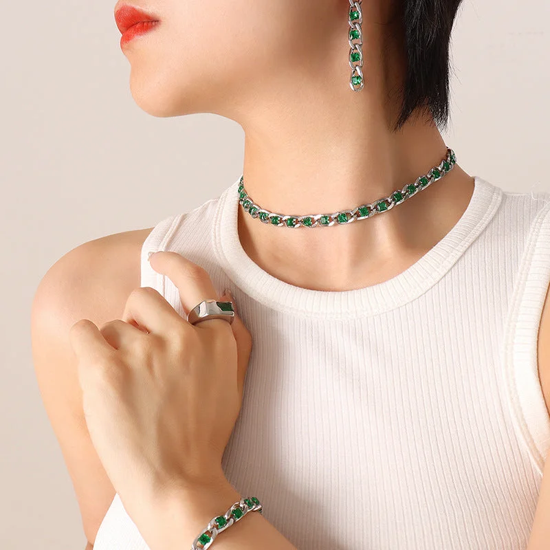 P256-Steel Green Zircon Necklace-35+5cm